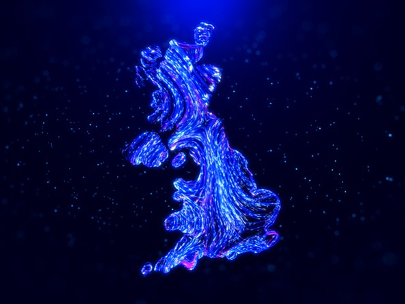 graphical outline of UK with blue flowing lines